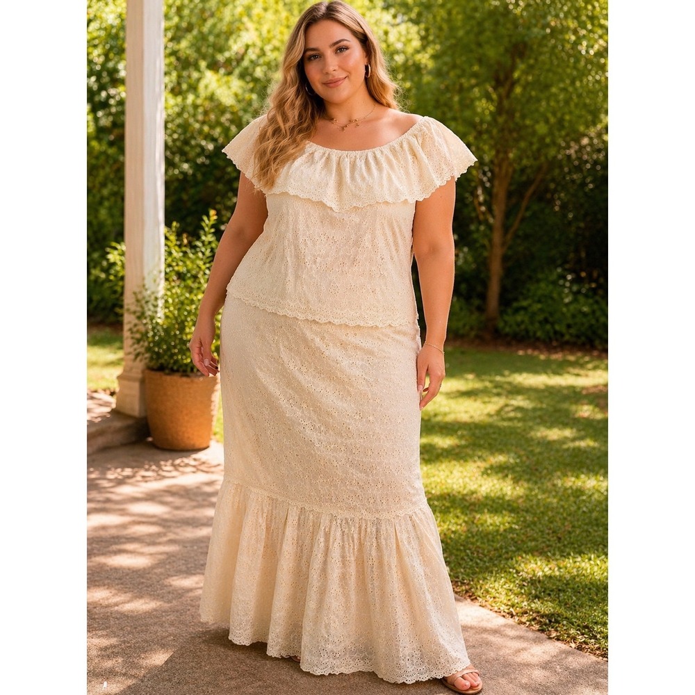 Handmade Eyelet Blouse / Maxi Skirt set XL? Boho Feminine Lace‎ Romantic Cotton